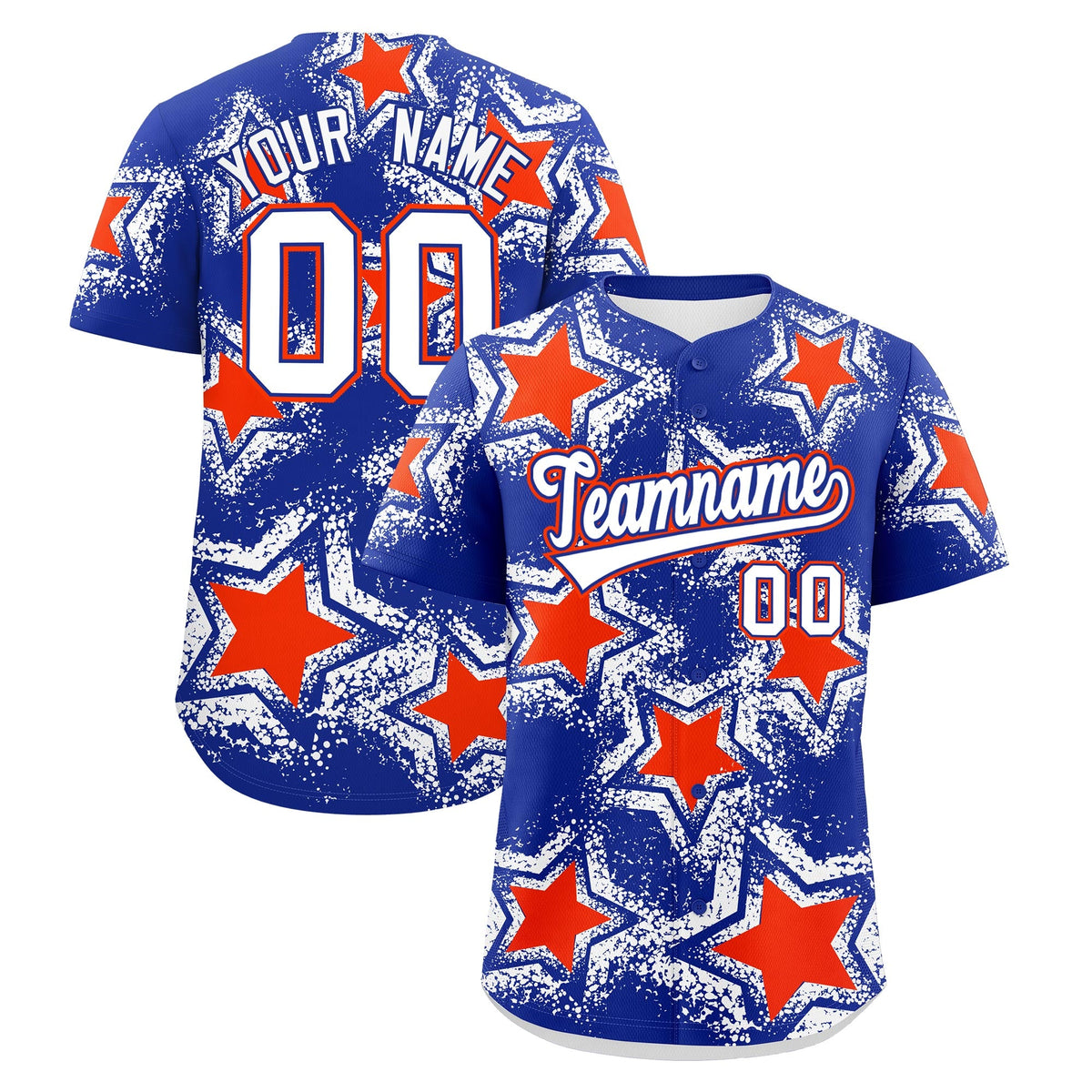 Custom Royal Blue Orange White Star Graffiti Team Baseball Jerseys With Custom Names, Numbers & Logos Stretch Fabric Baseball Jersey| KXKSHOP