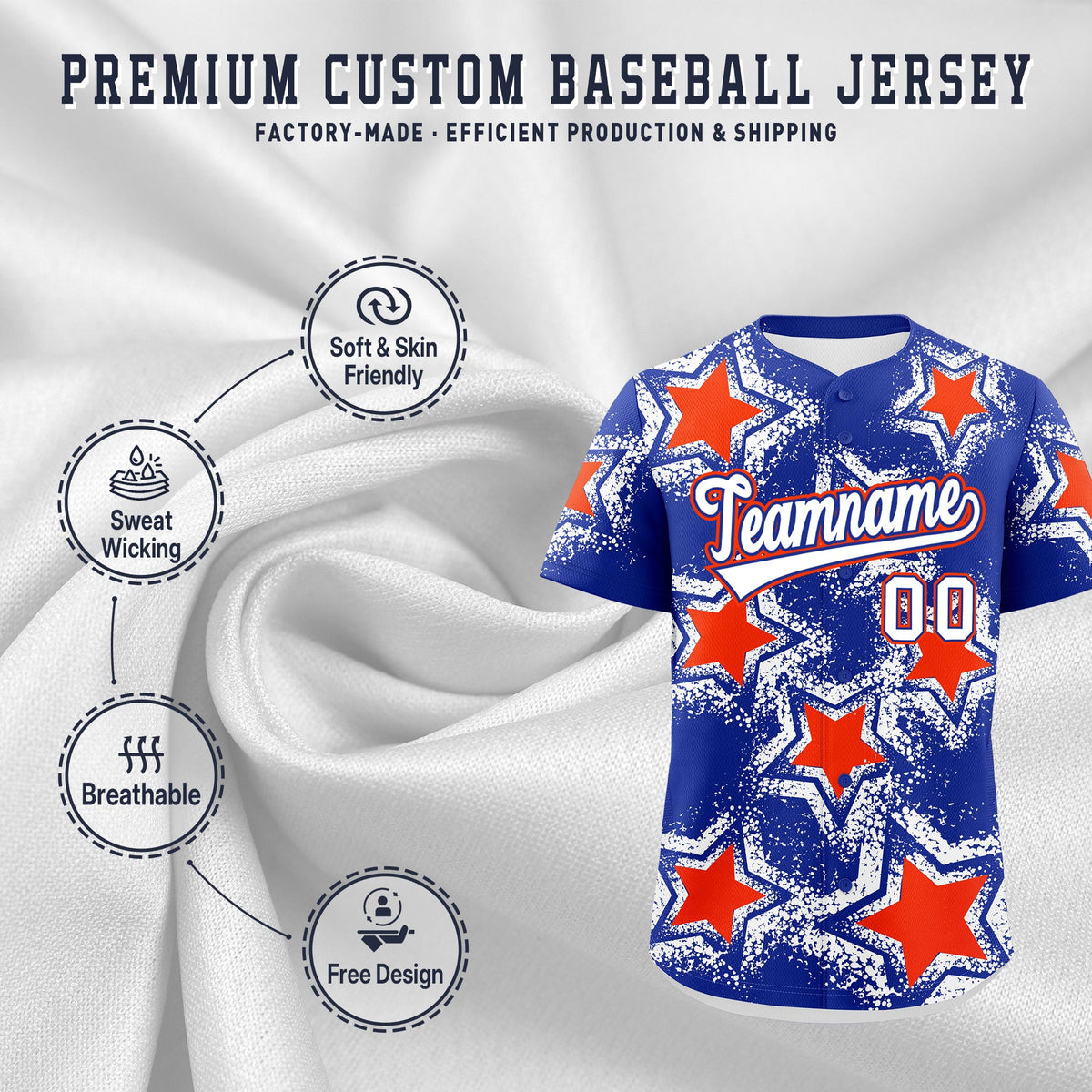 Custom Royal Blue Orange White Star Graffiti Team Baseball Jerseys With Custom Names, Numbers & Logos Stretch Fabric Baseball Jersey| KXKSHOP