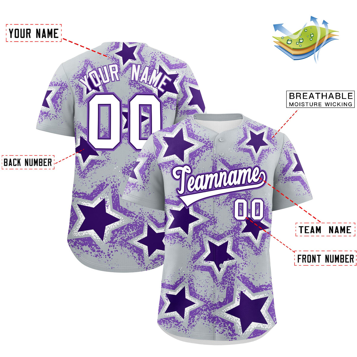 Custom Silver Purple White Star Graffiti Team Baseball Jerseys With Custom Names, Numbers & Logos Lightweight Baseball Jersey| KXKSHOP