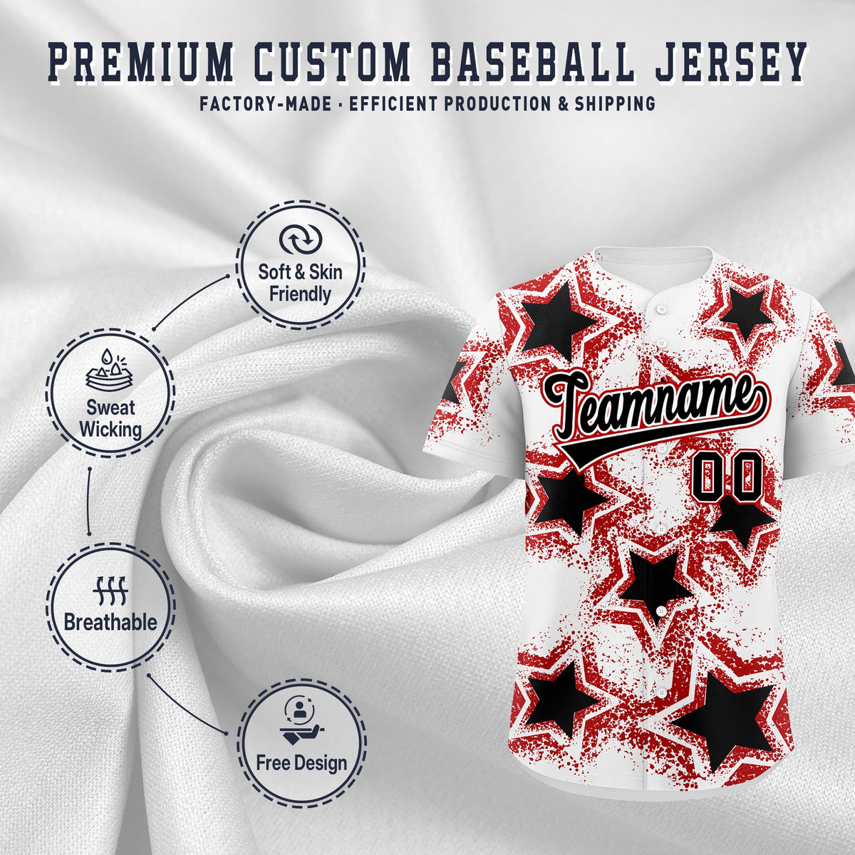 Custom White Black Red Star Graffiti Team Baseball Jerseys With Custom Names, Numbers & Logos Stretch Fabric Baseball Jersey| KXKSHOP