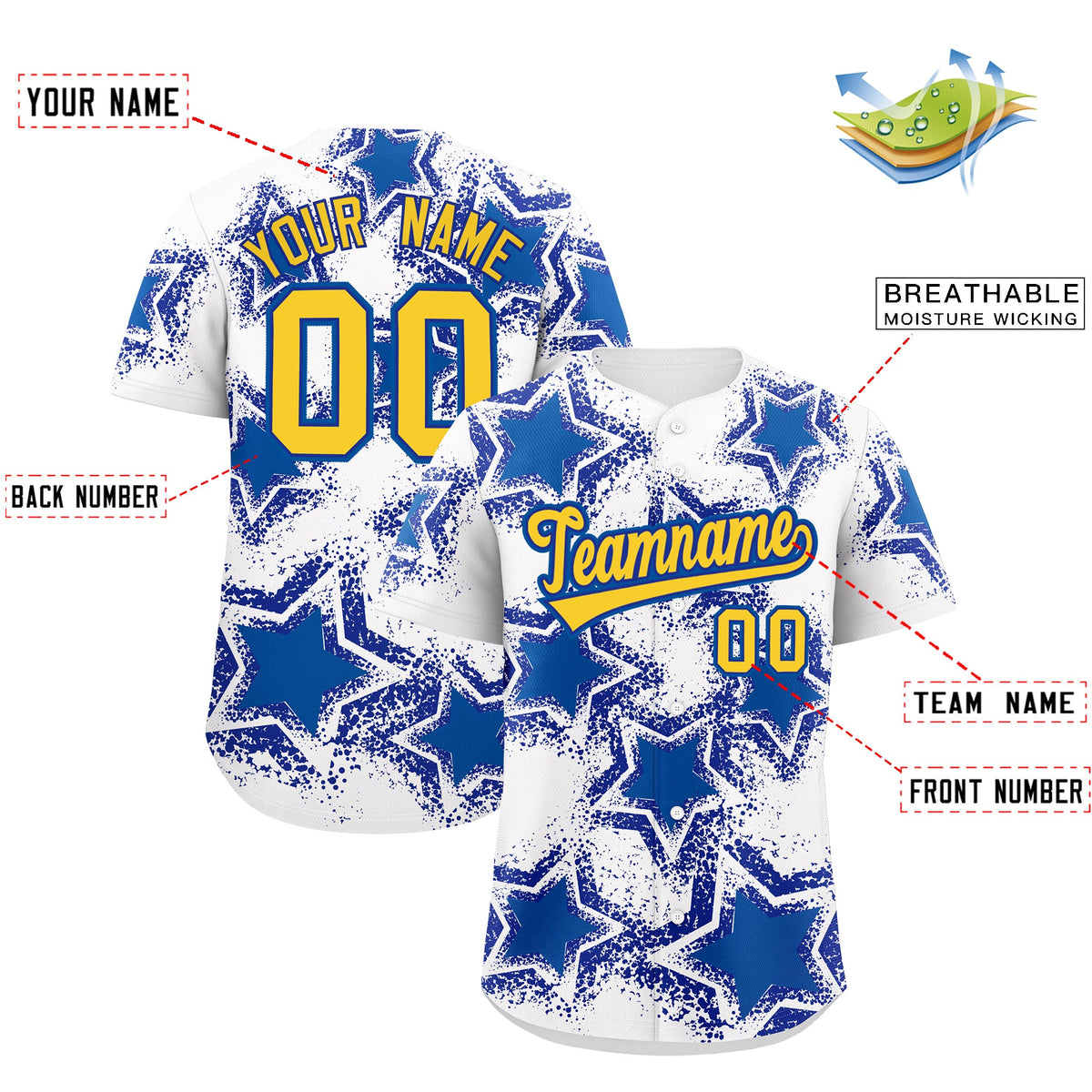 Custom White Royal Blue Royal Star Graffiti Team Baseball Jerseys With Custom Names, Numbers & Logos Stretch Fabric Baseball Jersey| KXKSHOP