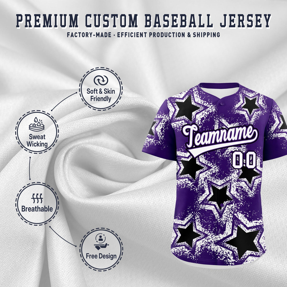 Custom Purple White Black Star Graffiti Team Baseball Jerseys With Custom Names, Numbers & Logos Lightweight Baseball Jersey| KXKSHOP