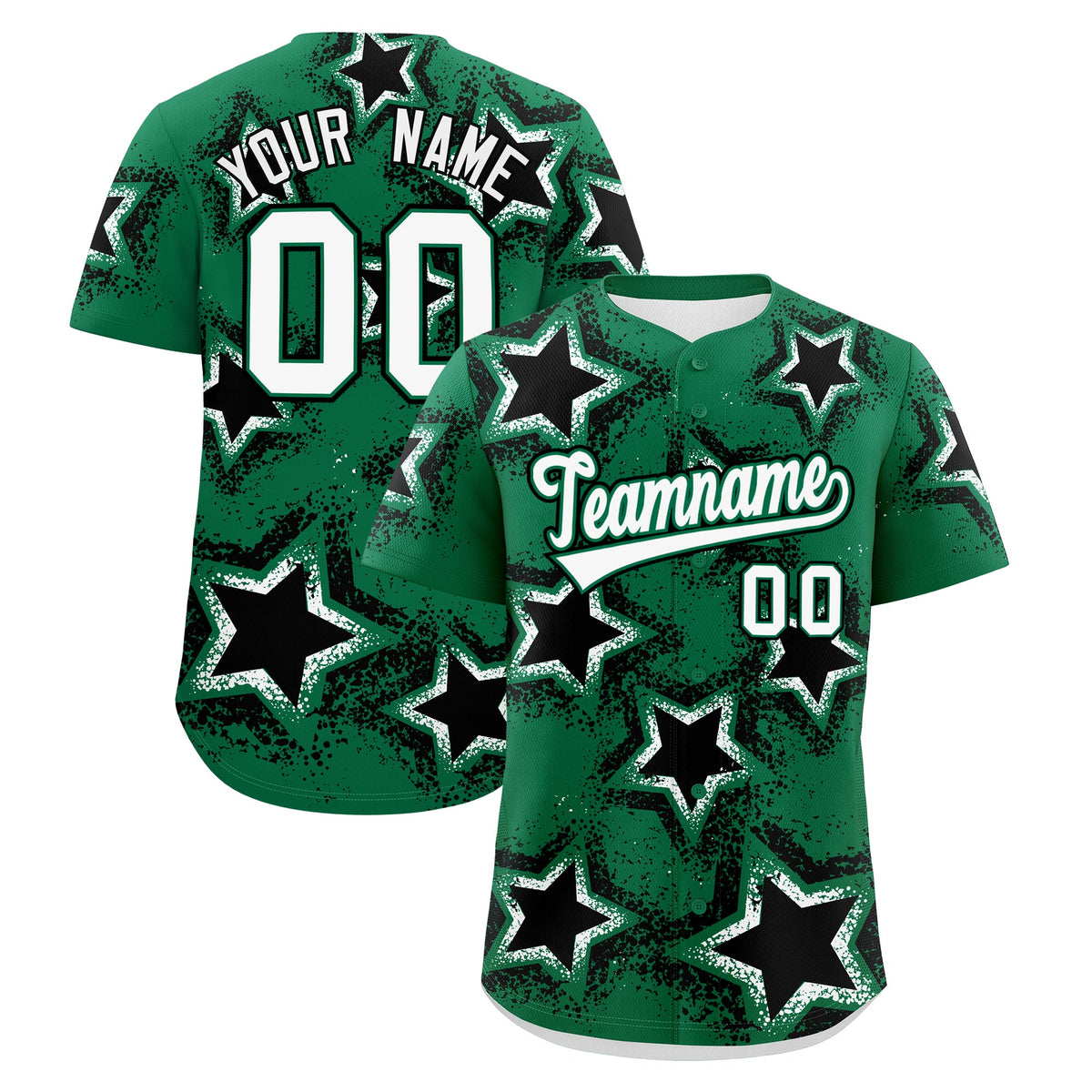 Custom Kelly Green White Black Star Graffiti Team Baseball Jerseys With Custom Names, Numbers & Logos Stretch Fabric Baseball Jersey| KXKSHOP