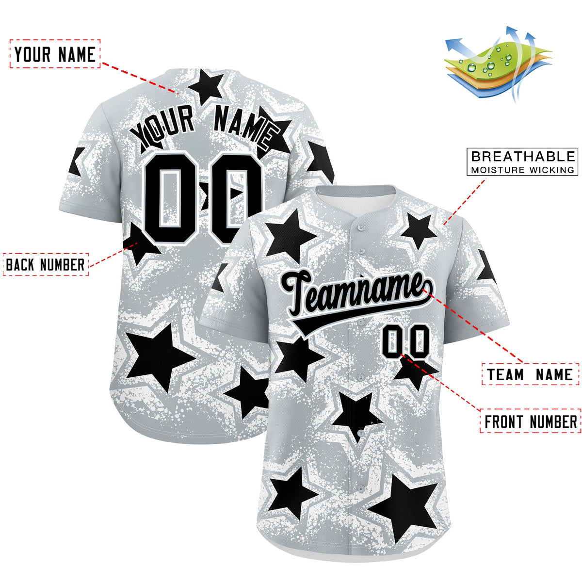 Custom Silver Black White Star Graffiti Team Baseball Jerseys With Custom Names, Numbers & Logos Stretch Fabric Baseball Jersey| KXKSHOP