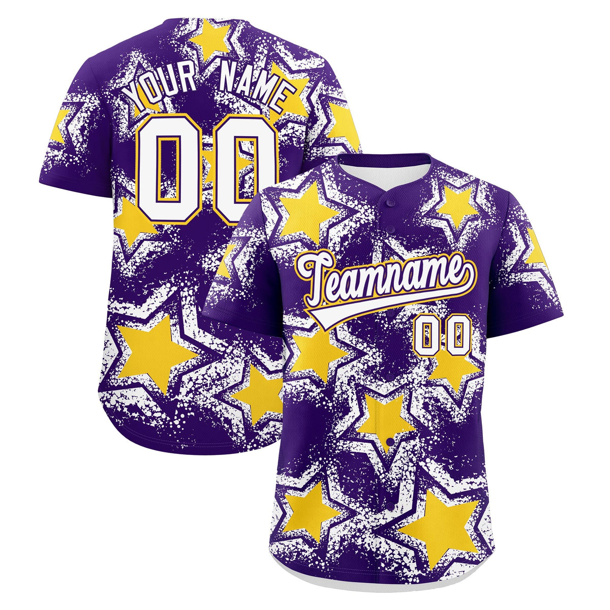 Custom Purple White Gold Star Graffiti Team Baseball Jerseys With Custom Names, Numbers & Logos Lightweight Baseball Jersey| KXKSHOP