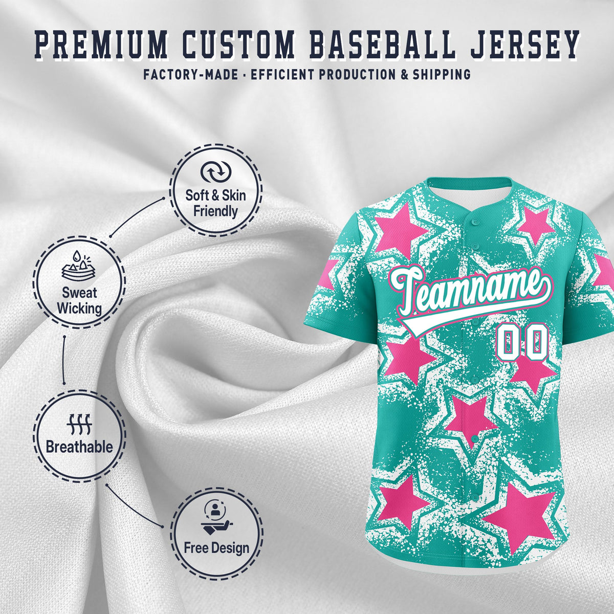 Custom Aqua White Pink Star Graffiti Team Baseball Jerseys With Custom Names, Numbers & Logos Stretch Fabric Baseball Jersey| KXKSHOP