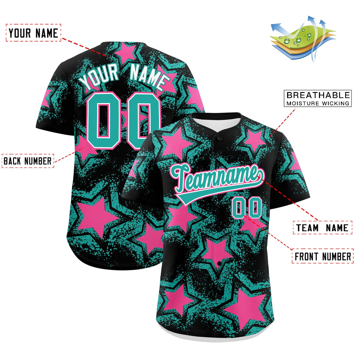 Custom Black Aqua Pink Star Graffiti Team Baseball Jerseys With Custom Names, Numbers & Logos Lightweight Baseball Jersey| KXKSHOP