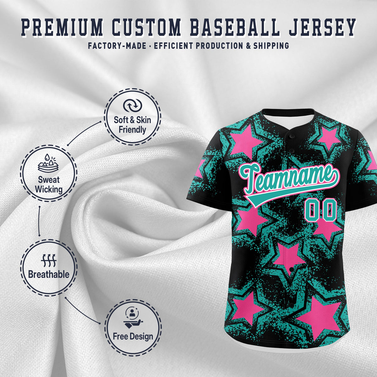 Custom Black Aqua Pink Star Graffiti Team Baseball Jerseys With Custom Names, Numbers & Logos Lightweight Baseball Jersey| KXKSHOP