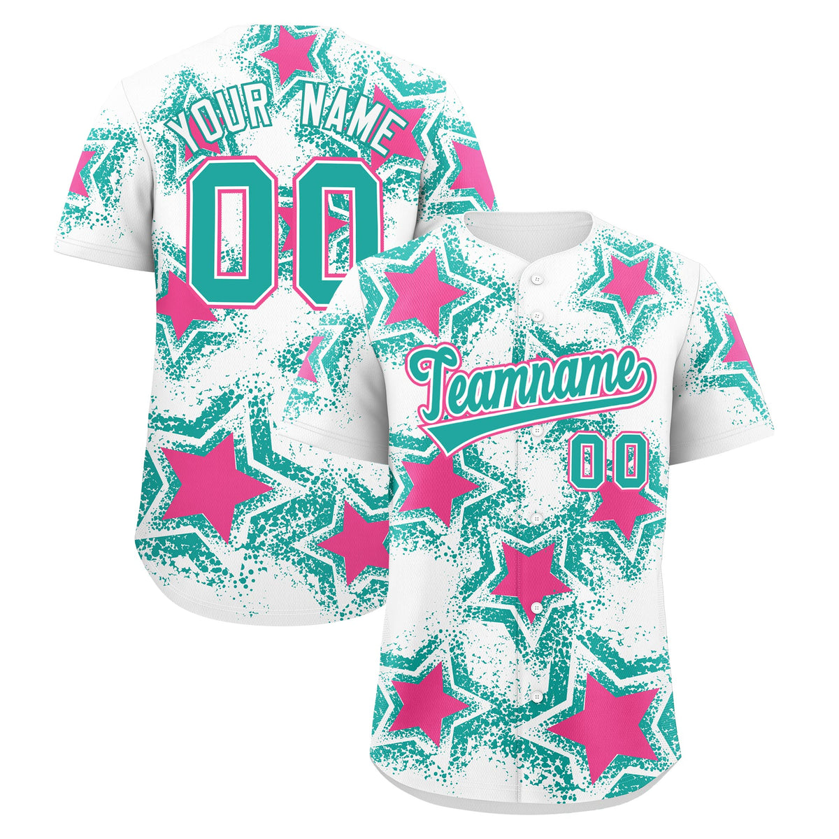 Custom White Aqua Pink Star Graffiti Team Baseball Jerseys With Custom Names, Numbers & Logos Stretch Fabric Baseball Jersey| KXKSHOP