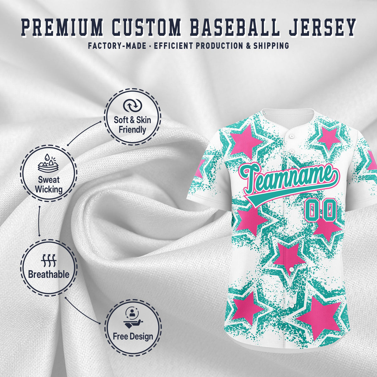 Custom White Aqua Pink Star Graffiti Team Baseball Jerseys With Custom Names, Numbers & Logos Stretch Fabric Baseball Jersey| KXKSHOP