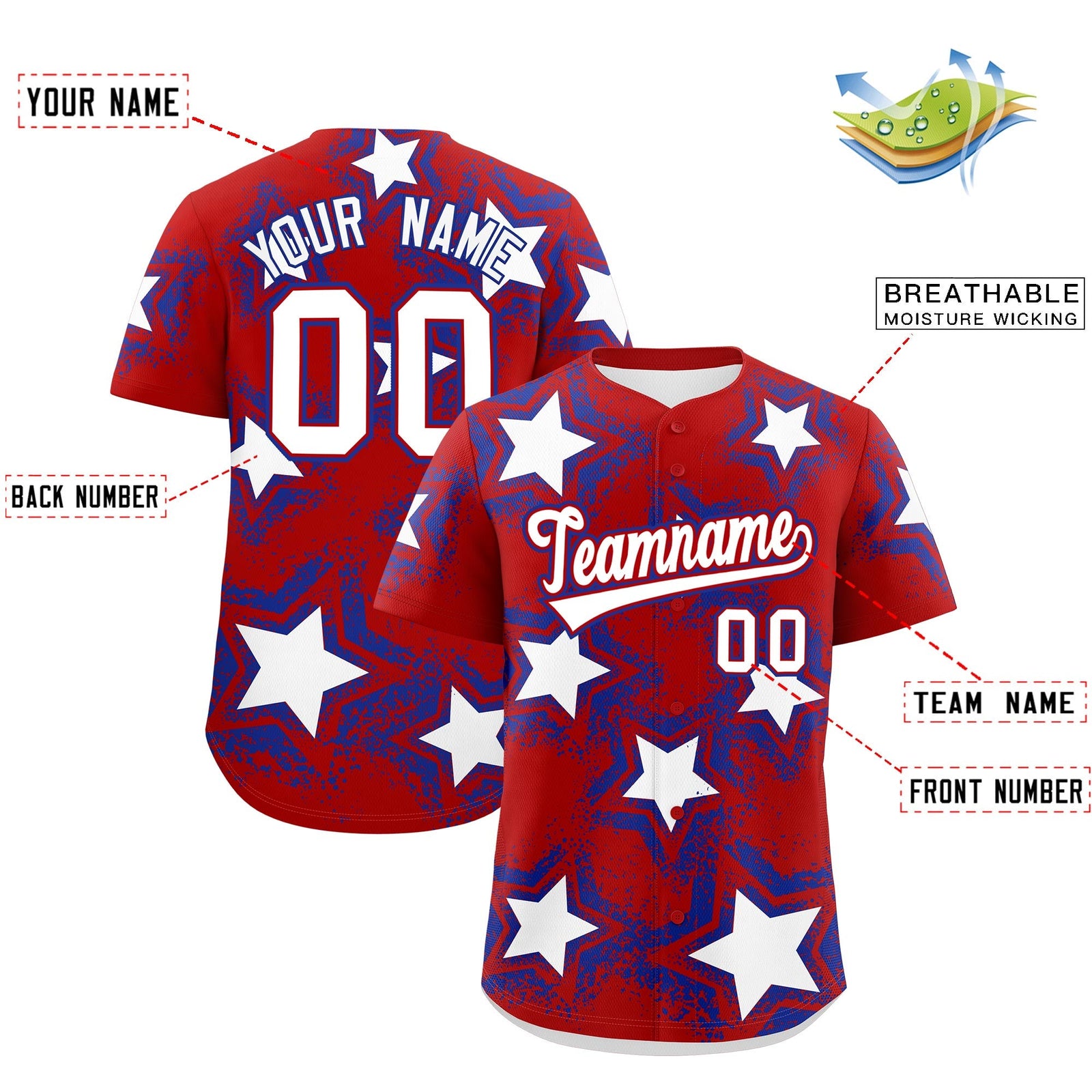 Custom Red Royal Blue White Star Graffiti Team Baseball Jerseys With Custom Names, Numbers & Logos Lightweight Baseball Jersey| KXKSHOP