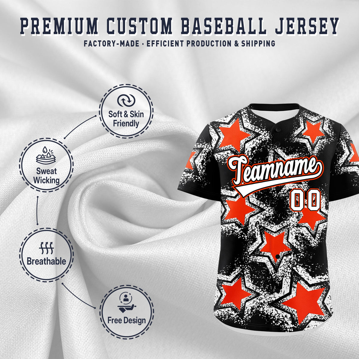Custom Black White Orange Star Graffiti Team Baseball Jerseys With Custom Names, Numbers & Logos Lightweight Baseball Jersey| KXKSHOP