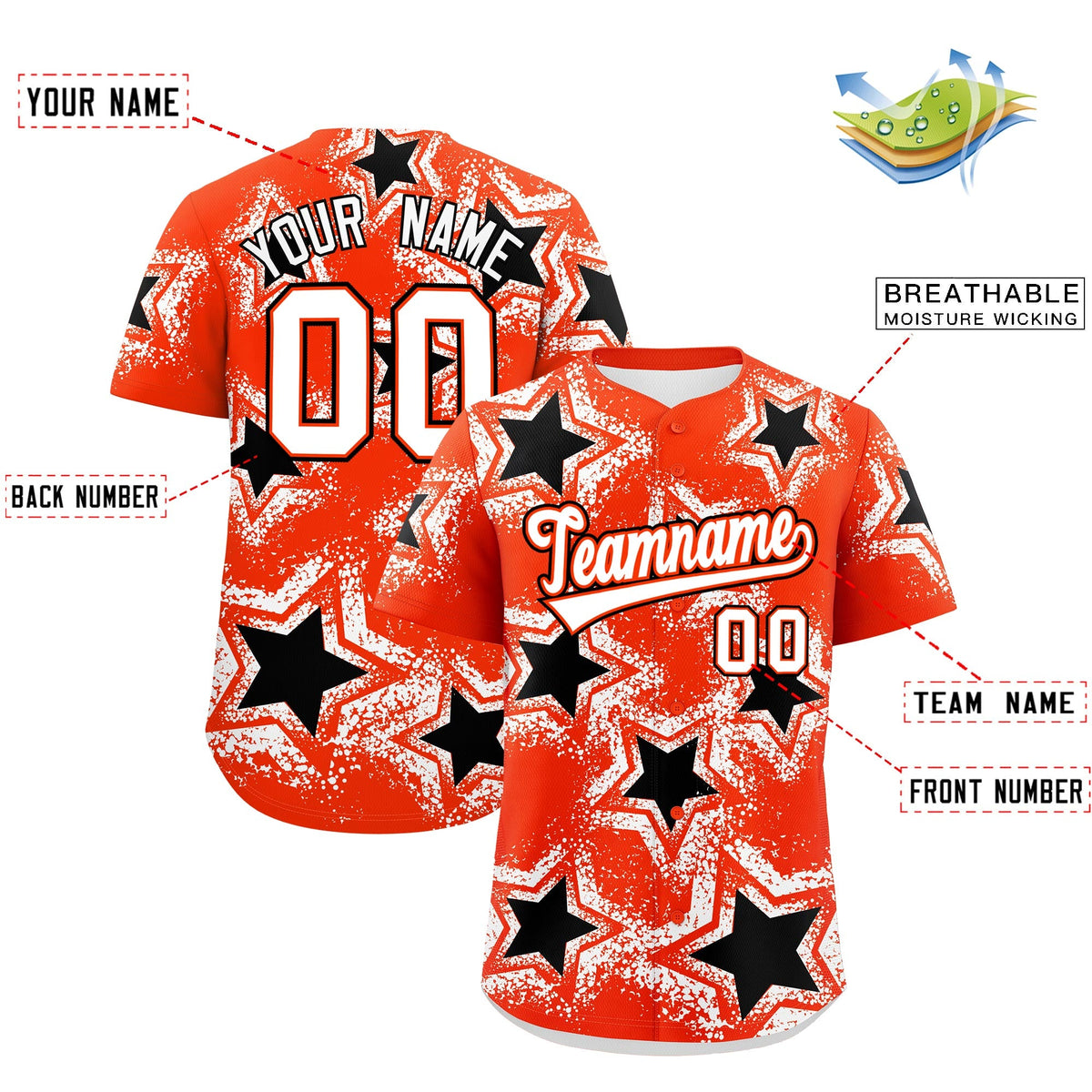 Custom Orange White Black Star Graffiti Team Baseball Jerseys With Custom Names, Numbers & Logos Stretch Fabric Baseball Jersey| KXKSHOP