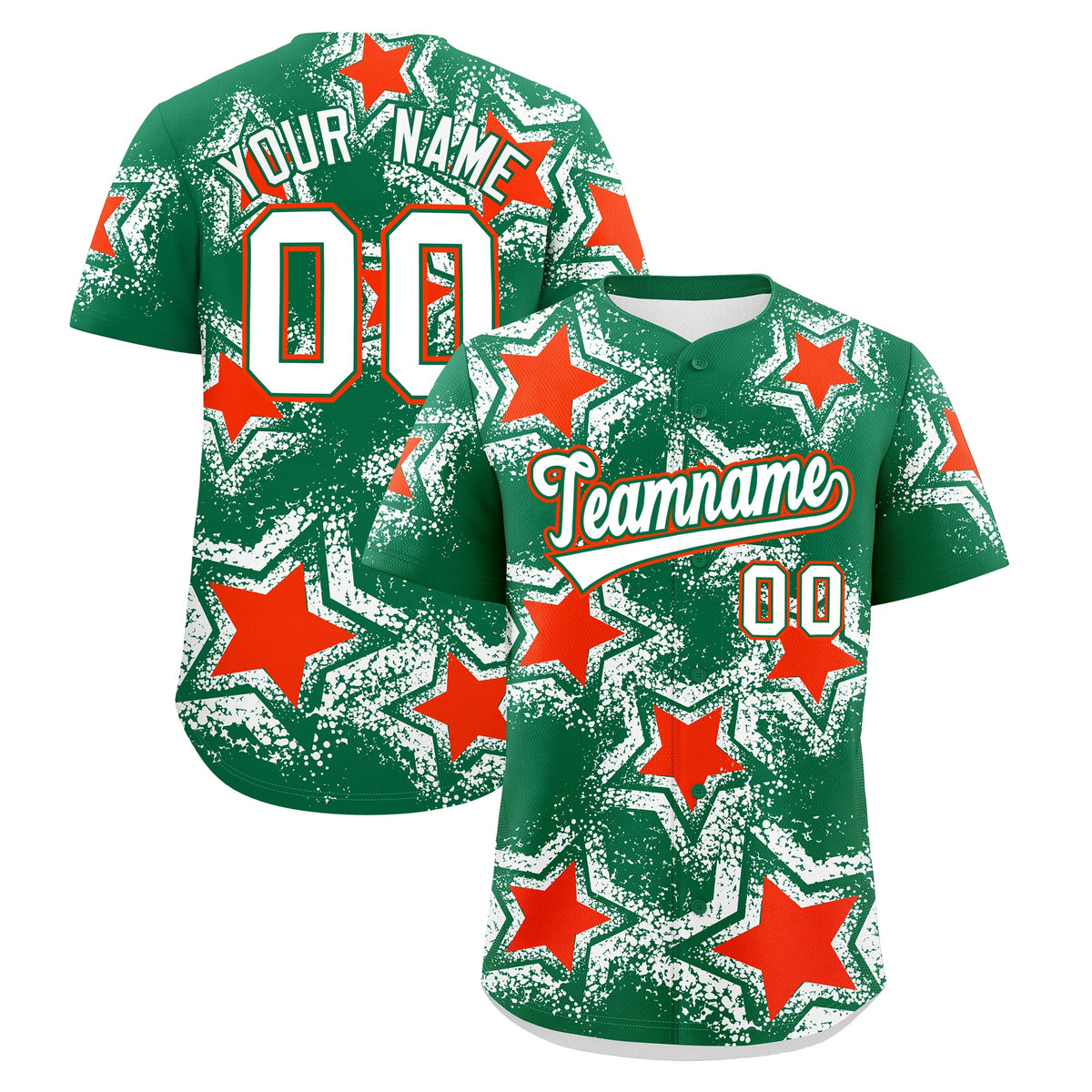 Custom Kelly Green White Orange Star Graffiti Team Baseball Jerseys With Custom Names, Numbers & Logos Stretch Fabric Baseball Jersey| KXKSHOP