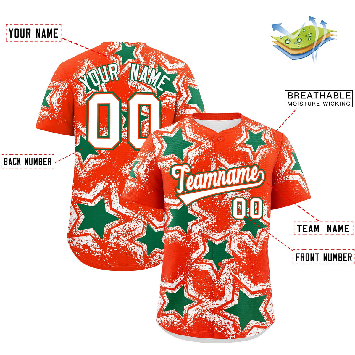 Custom Orange White Kelly Green Star Graffiti Team Baseball Jerseys With Custom Names, Numbers & Logos Lightweight Baseball Jersey| KXKSHOP