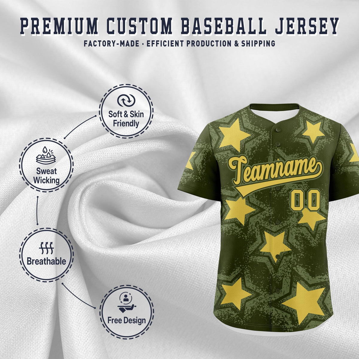 Custom Olive Khaki Star Graffiti Team Baseball Jerseys With Custom Names, Numbers & Logos Stretch Fabric Baseball Jersey| KXKSHOP
