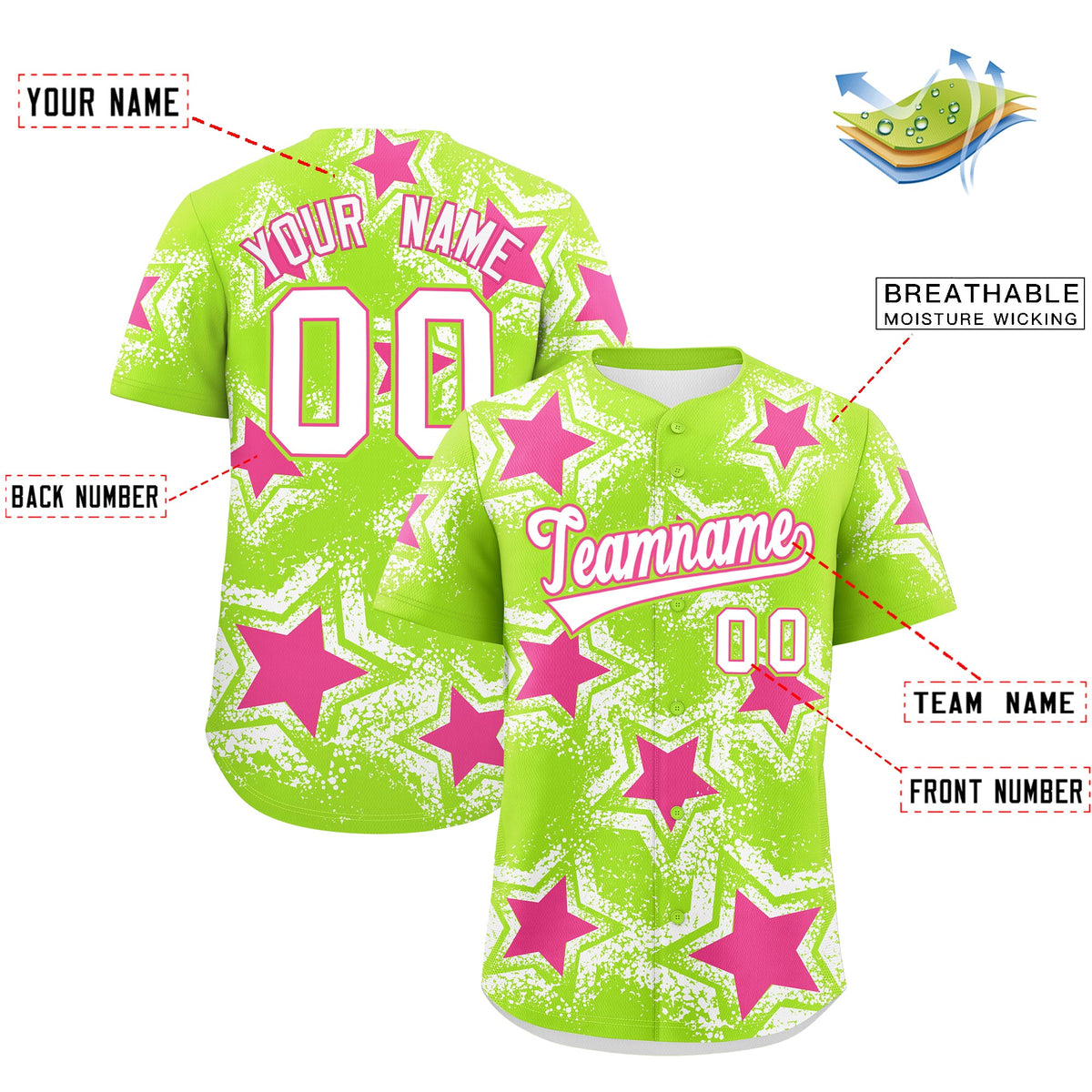Custom Neon Green White Pink Star Graffiti Team Baseball Jerseys With Custom Names, Numbers & Logos Stretch Fabric Baseball Jersey| KXKSHOP