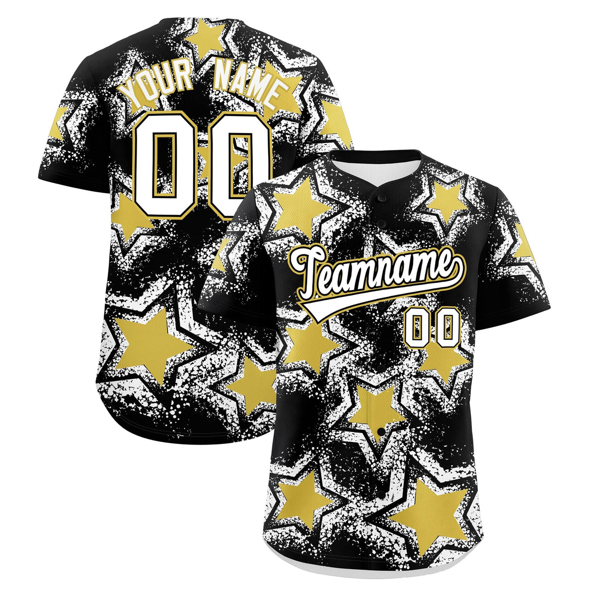Custom Black White Old Gold Star Graffiti Team Baseball Jerseys With Custom Names, Numbers & Logos Lightweight Baseball Jersey| KXKSHOP