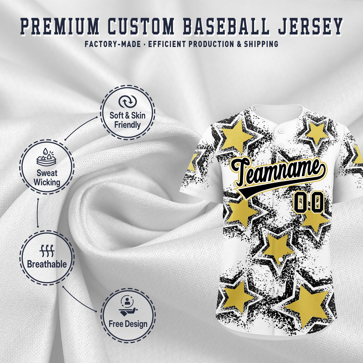 Custom White Black Old Gold Star Graffiti Team Baseball Jerseys With Custom Names, Numbers & Logos Stretch Fabric Baseball Jersey| KXKSHOP
