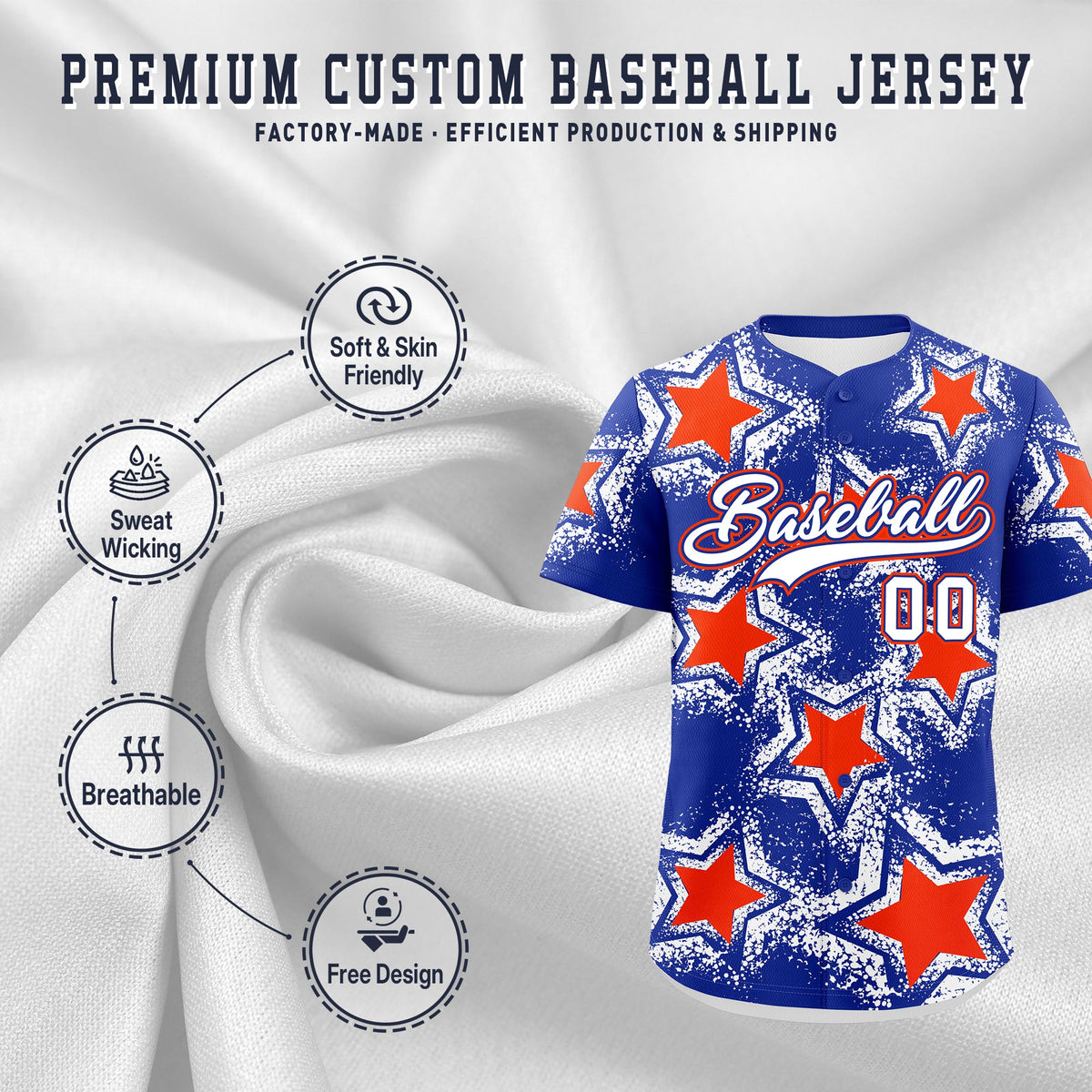 Custom Royal Blue Orange White Star Graffiti Team Baseball Jerseys With Custom Names, Numbers & Logos Stretch Fabric Baseball Jersey| KXKSHOP