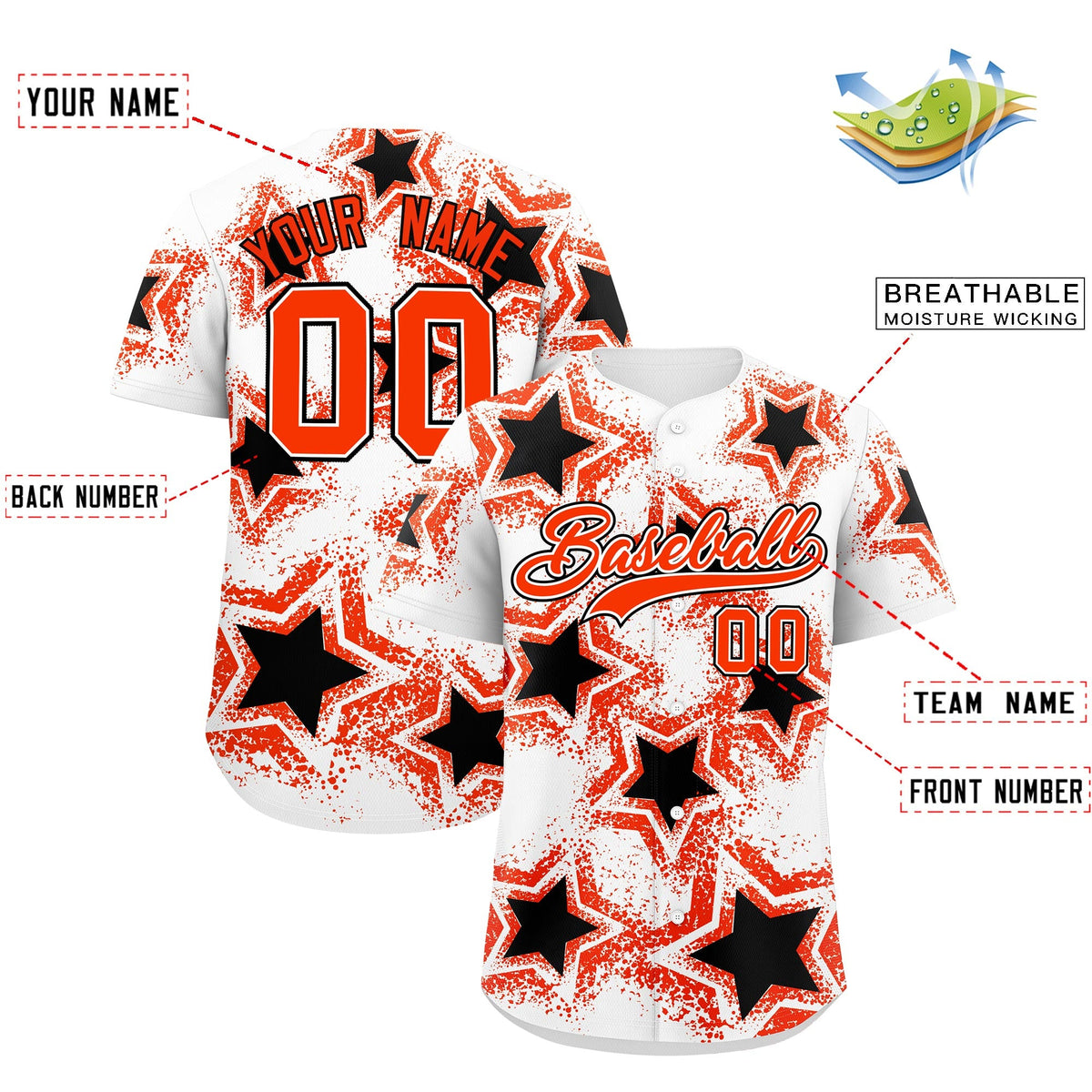 Custom White Black Orange Star Graffiti Team Baseball Jerseys With Custom Names, Numbers & Logos Lightweight Baseball Jersey| KXKSHOP