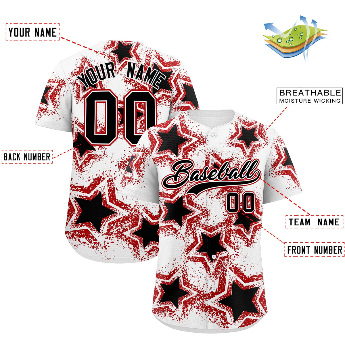 Custom White Black Red Star Graffiti Team Baseball Jerseys With Custom Names, Numbers & Logos Stretch Fabric Baseball Jersey| KXKSHOP