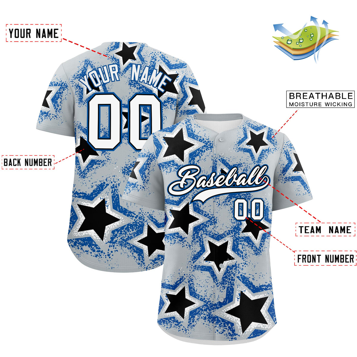 Custom Silver Black Royal Star Graffiti Team Baseball Jerseys With Custom Names, Numbers & Logos Lightweight Baseball Jersey| KXKSHOP