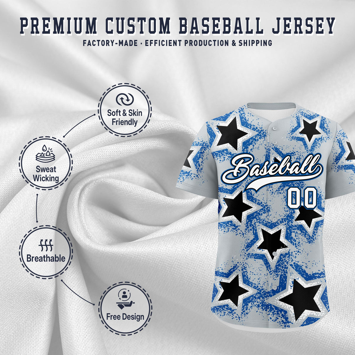 Custom Silver Black Royal Star Graffiti Team Baseball Jerseys With Custom Names, Numbers & Logos Lightweight Baseball Jersey| KXKSHOP