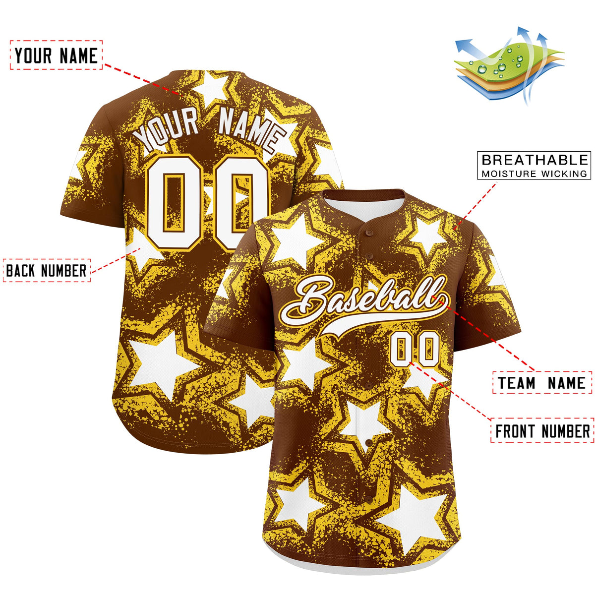 Custom Brown Gold White Star Graffiti Team Baseball Jerseys With Custom Names, Numbers & Logos Stretch Fabric Baseball Jersey| KXKSHOP