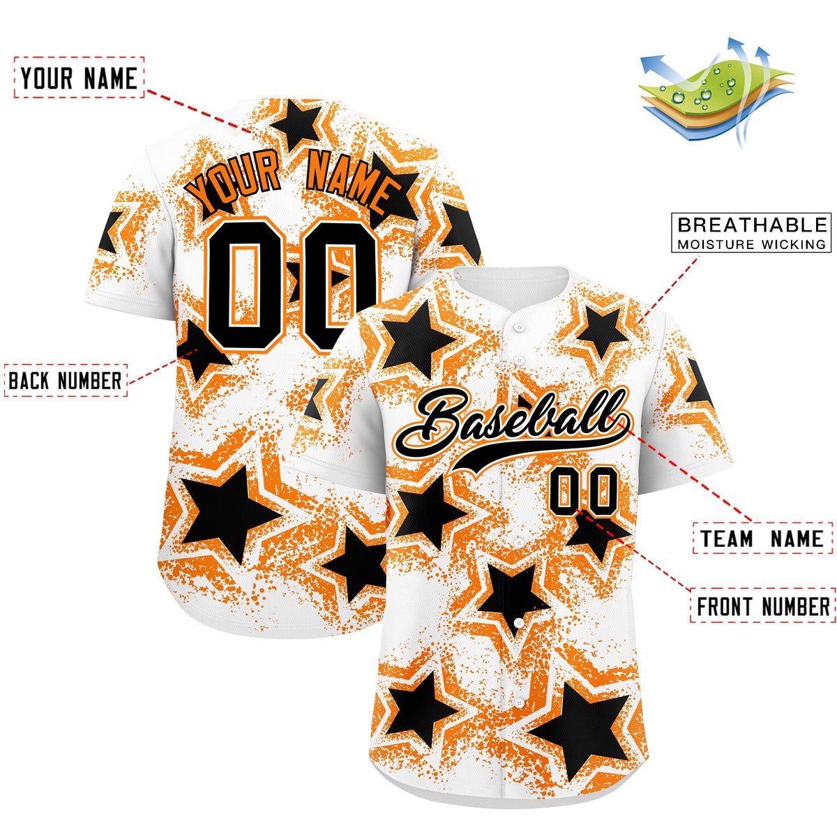 Custom White Orange Black Star Graffiti Team Baseball Jerseys With Custom Names, Numbers & Logos Lightweight Baseball Jersey| KXKSHOP