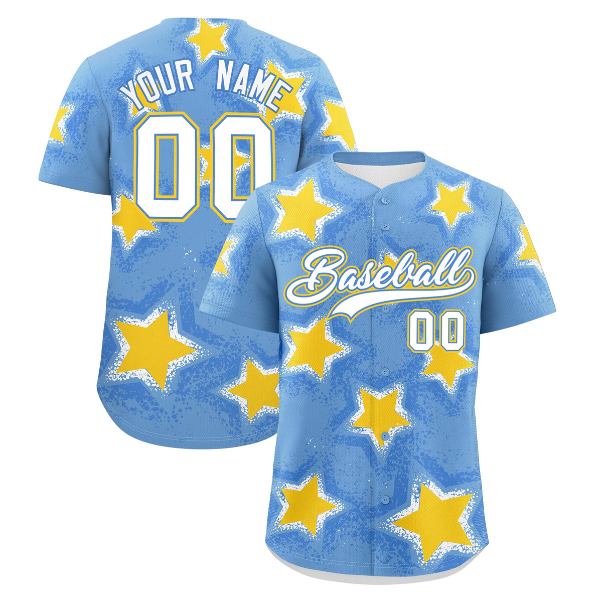 Custom Light Blue Gold White Star Graffiti Team Baseball Jerseys With Custom Names, Numbers & Logos Stretch Fabric Baseball Jersey| KXKSHOP