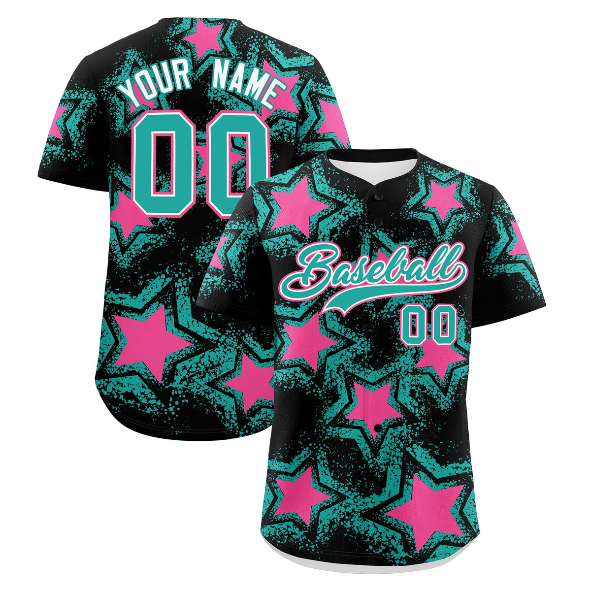 Custom Black Aqua Pink Star Graffiti Team Baseball Jerseys With Custom Names, Numbers & Logos Lightweight Baseball Jersey| KXKSHOP