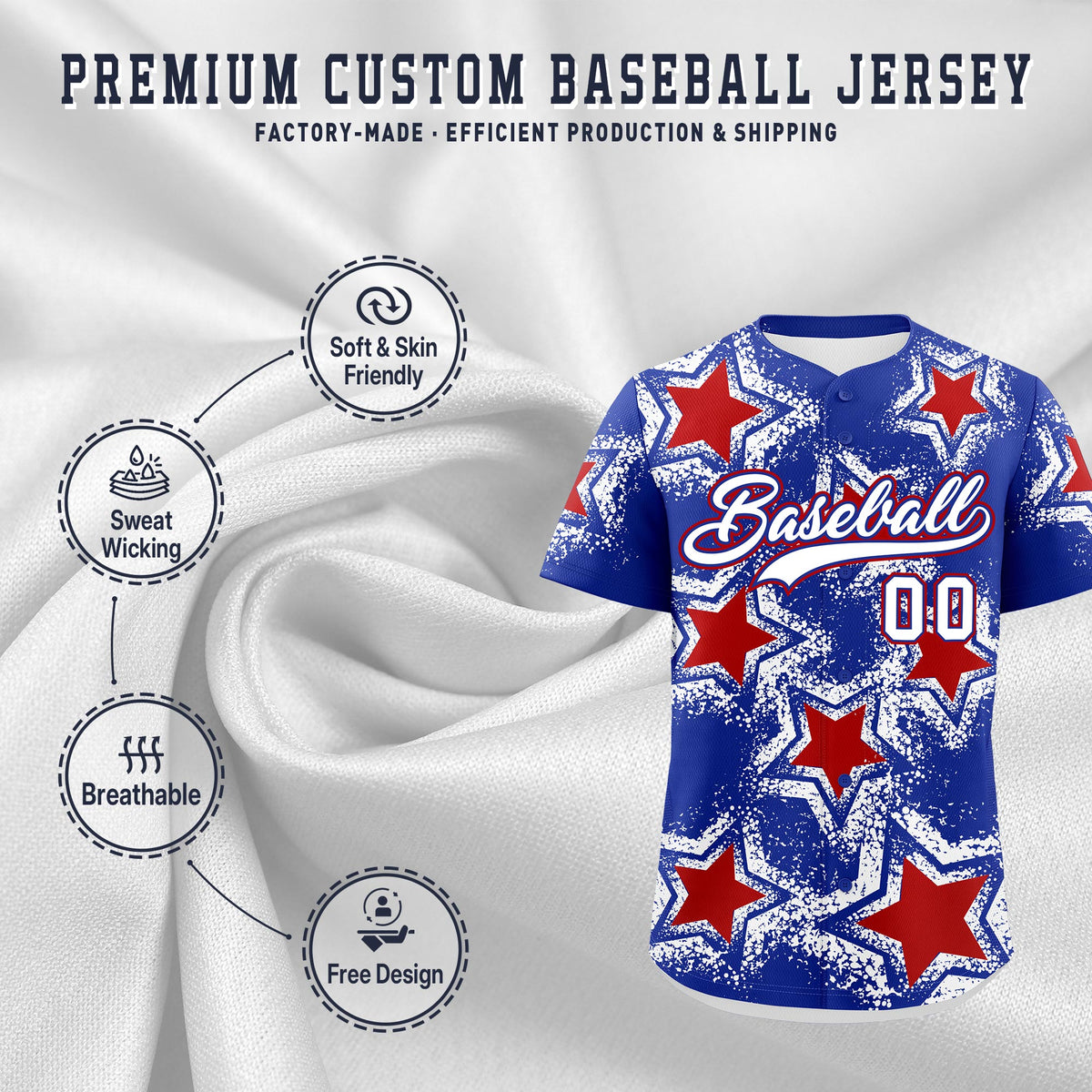 Custom Royal Blue White Red Star Graffiti Team Baseball Jerseys With Custom Names, Numbers & Logos Stretch Fabric Baseball Jersey| KXKSHOP