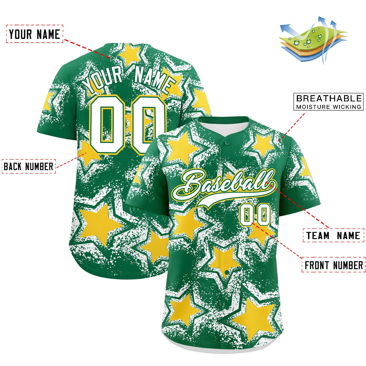 Custom Kelly Green White Gold Star Graffiti Team Baseball Jerseys With Custom Names, Numbers & Logos Stretch Fabric Baseball Jersey| KXKSHOP