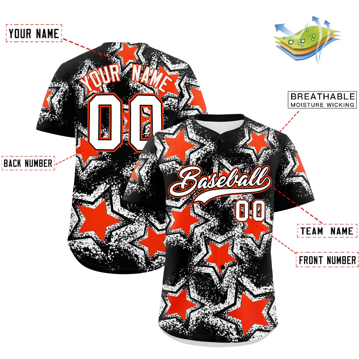 Custom Black White Orange Star Graffiti Team Baseball Jerseys With Custom Names, Numbers & Logos Lightweight Baseball Jersey| KXKSHOP