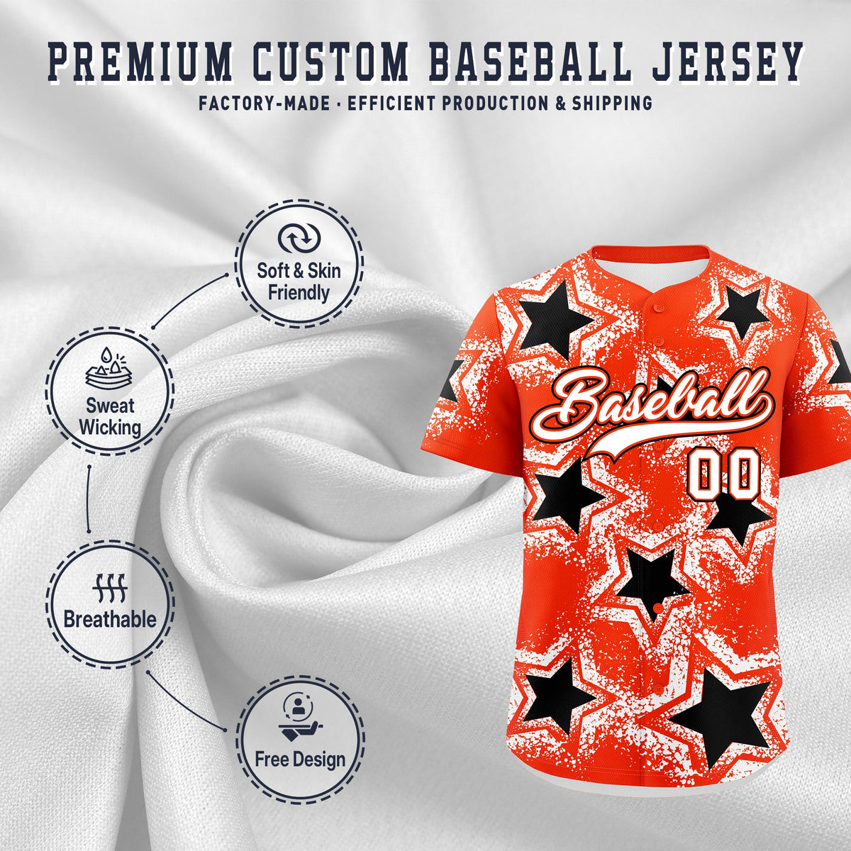 Custom Orange White Black Star Graffiti Team Baseball Jerseys With Custom Names, Numbers & Logos Stretch Fabric Baseball Jersey| KXKSHOP