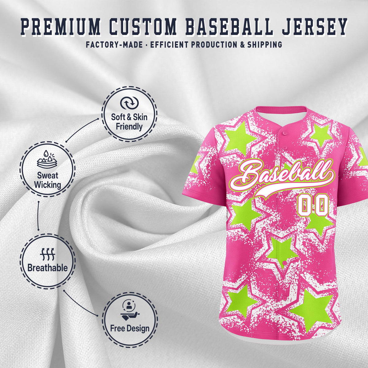 Custom Pink White Neon Green Star Graffiti Team Baseball Jerseys With Custom Names, Numbers & Logos Lightweight Baseball Jersey| KXKSHOP