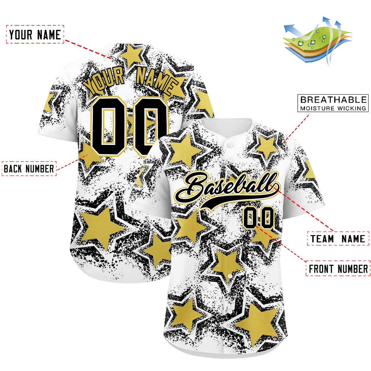 Custom White Black Old Gold Star Graffiti Team Baseball Jerseys With Custom Names, Numbers & Logos Stretch Fabric Baseball Jersey| KXKSHOP