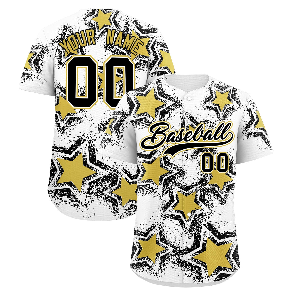 Custom White Black Old Gold Star Graffiti Team Baseball Jerseys With Custom Names, Numbers & Logos Stretch Fabric Baseball Jersey| KXKSHOP