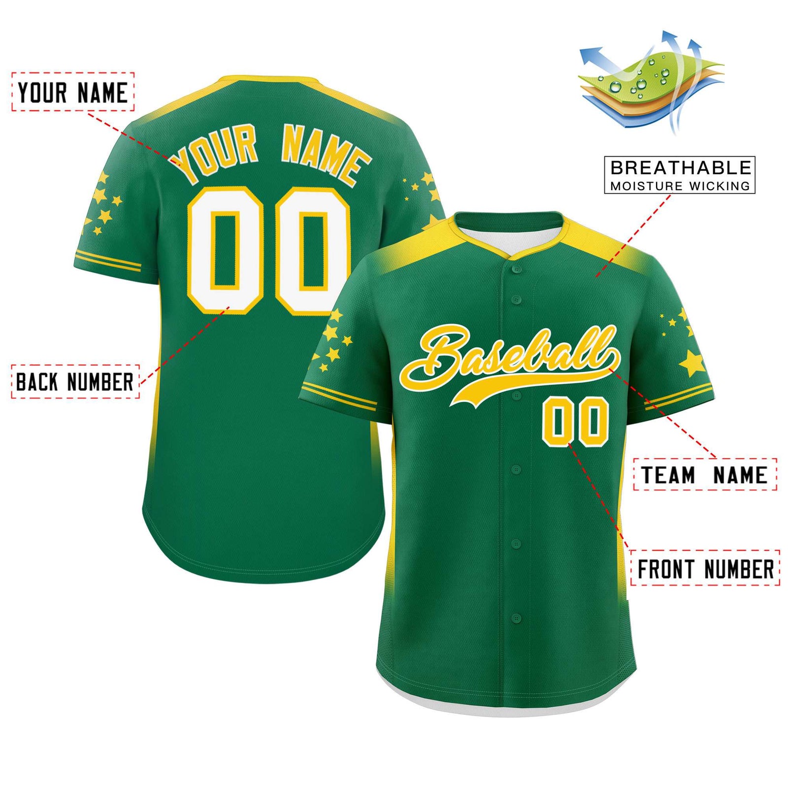 Custom Kelly Green Gold Gradient Side Personalized Star Pattern Authentic Baseball Jersey