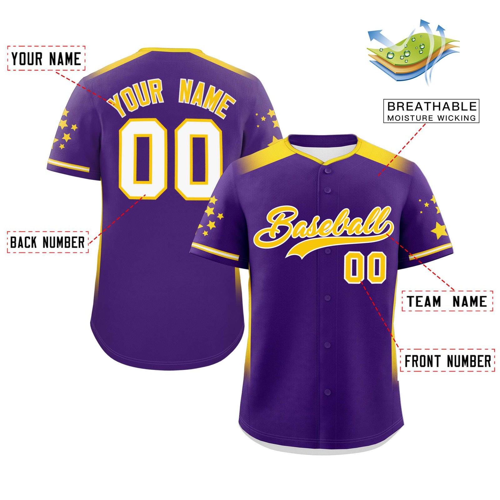 Custom Purple Gold Gradient Side Personalized Star Pattern Authentic Baseball Jersey