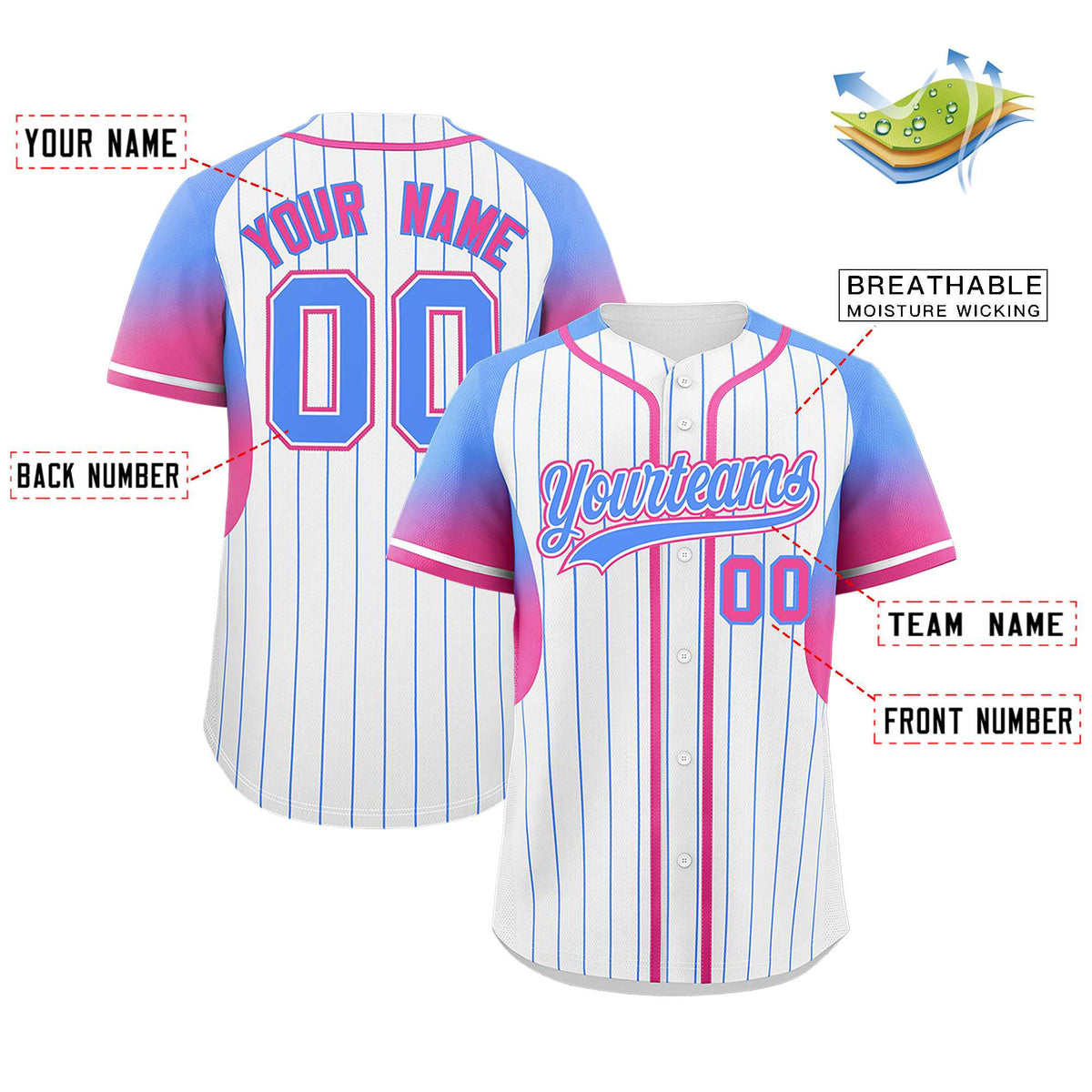 Custom White Powder Blue Stripe Fashion Sleeves Gradient Authentic Baseball Jersey