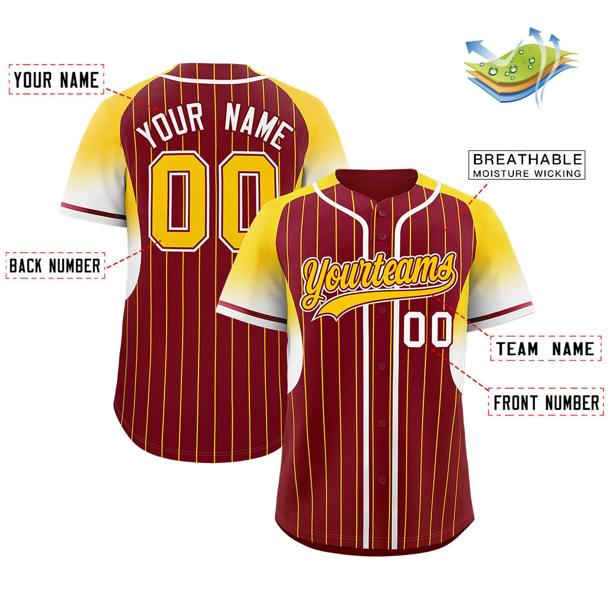 Custom Crimson Gold Stripe Fashion Sleeves Gradient Authentic Baseball Jersey