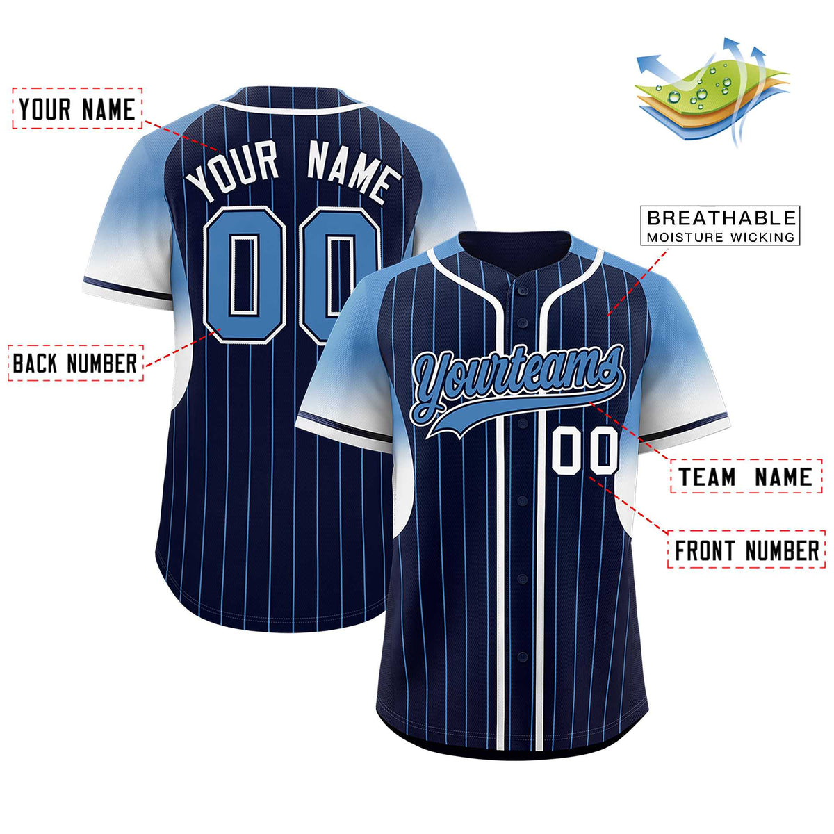 Custom Navy Light Blue Stripe Fashion Sleeves Gradient Authentic Baseball Jersey