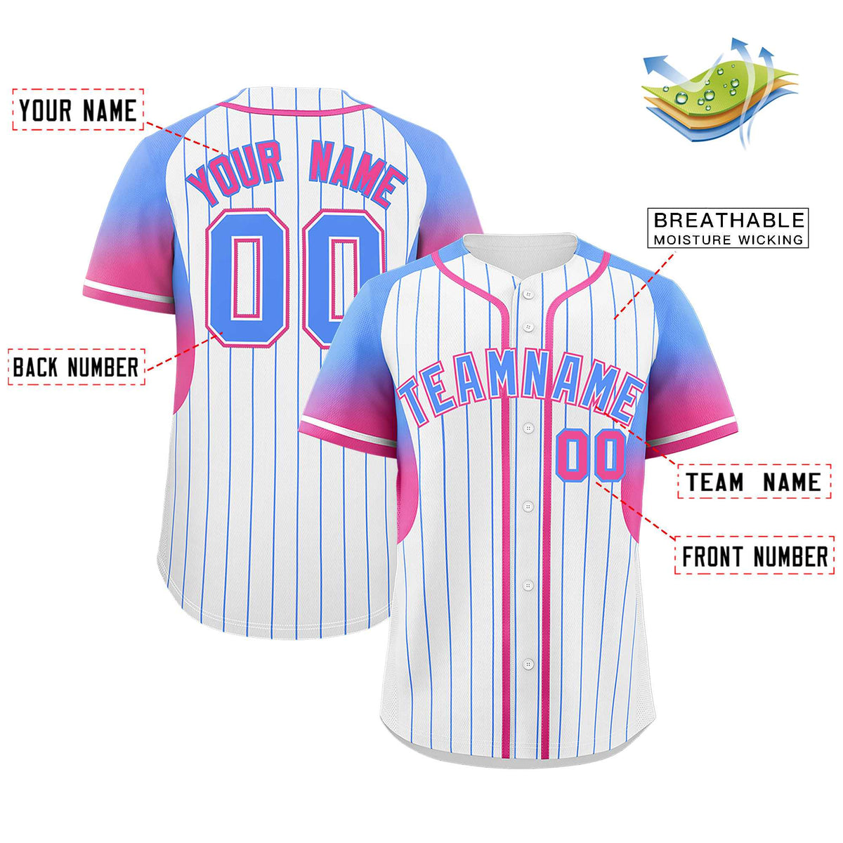 Custom White Powder Blue Stripe Fashion Sleeves Gradient Authentic Baseball Jersey