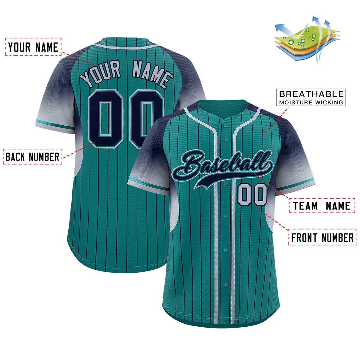 Custom Aqua Navy Stripe Fashion Sleeves Gradient Authentic Baseball Jersey