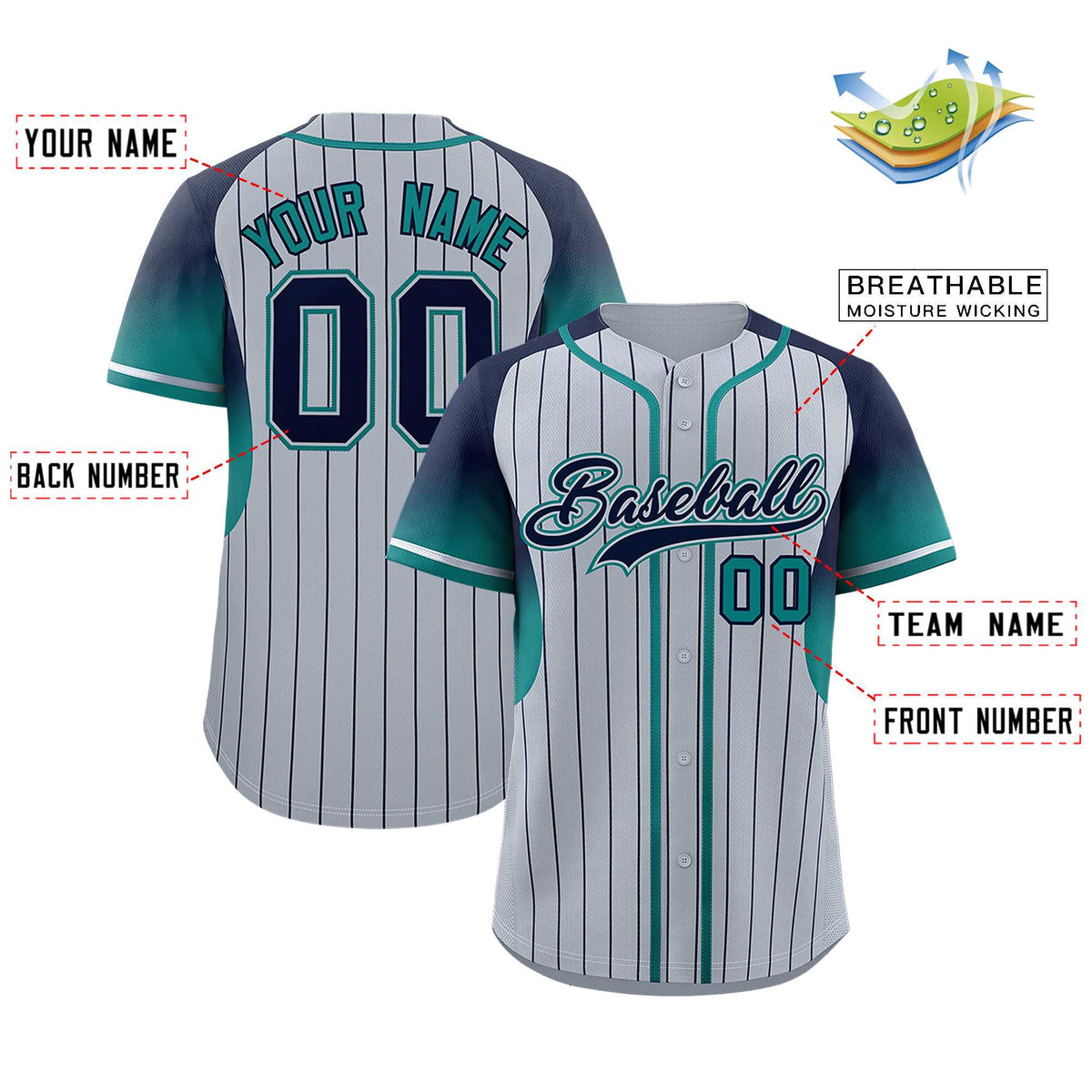 Custom Silver Navy Stripe Fashion Sleeves Gradient Authentic Baseball Jersey