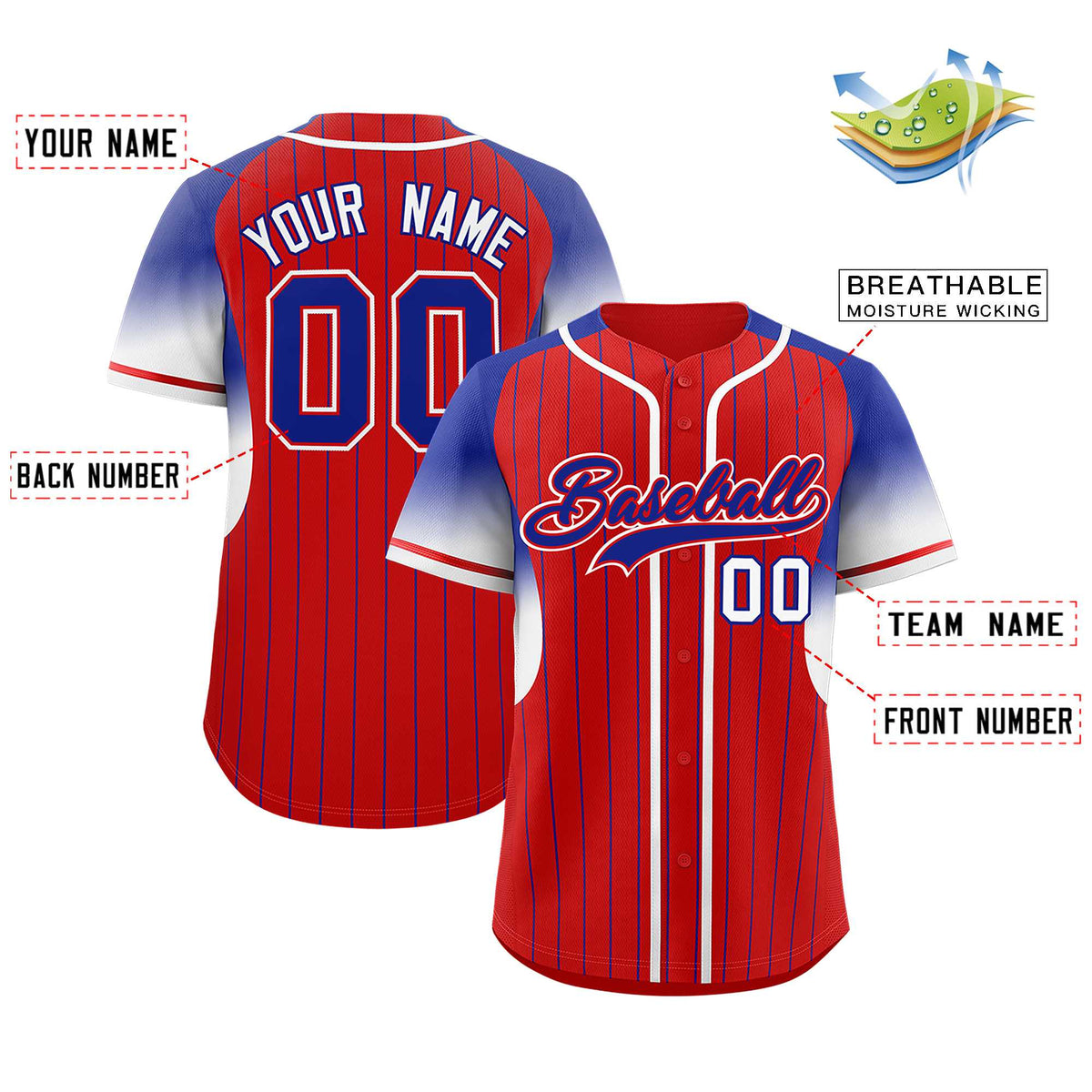 Custom Red Royal Stripe Fashion Sleeves Gradient Authentic Baseball Jersey