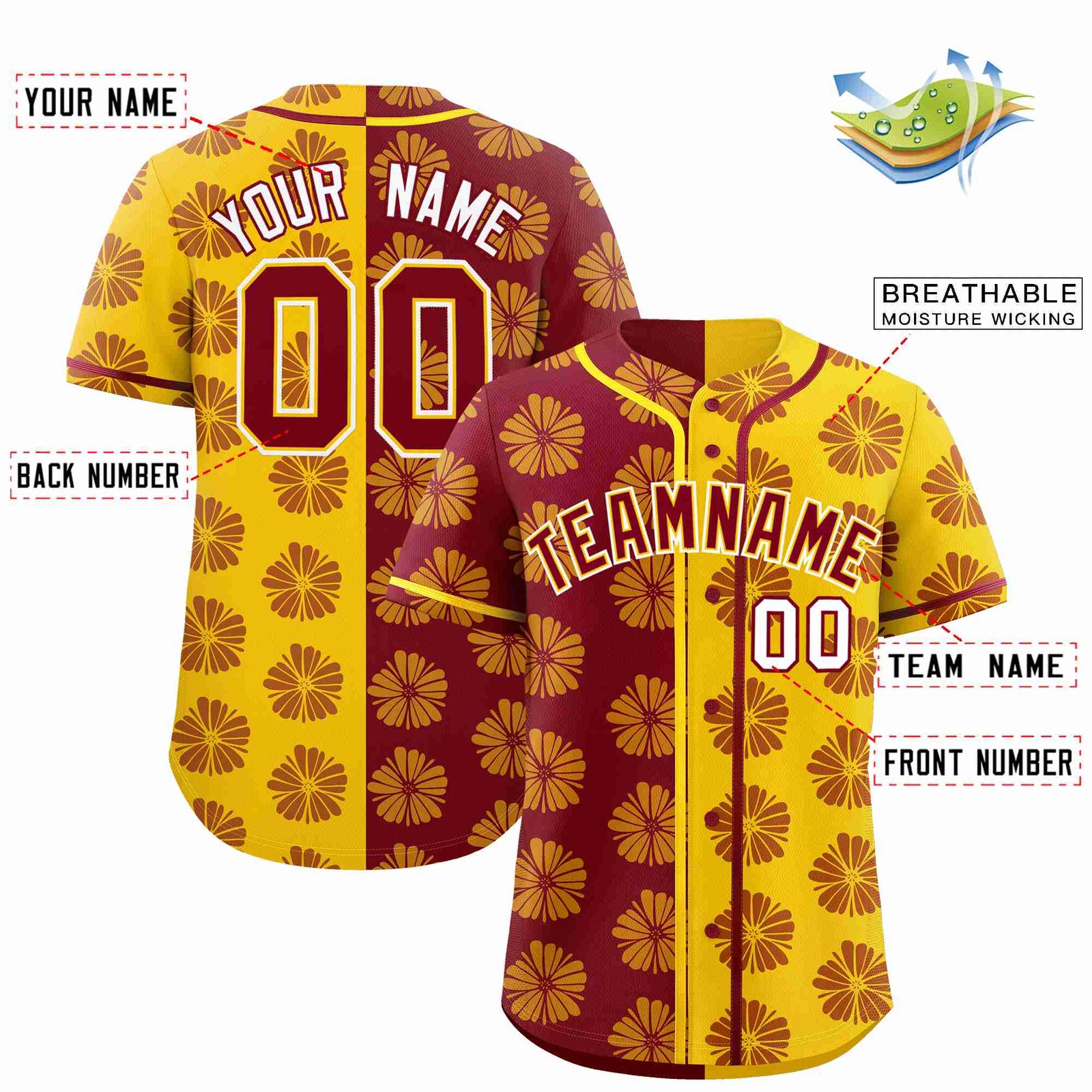 Custom Crimson Gold Split Fashion Flower Graffiti Pattern Authentic Baseball Jersey