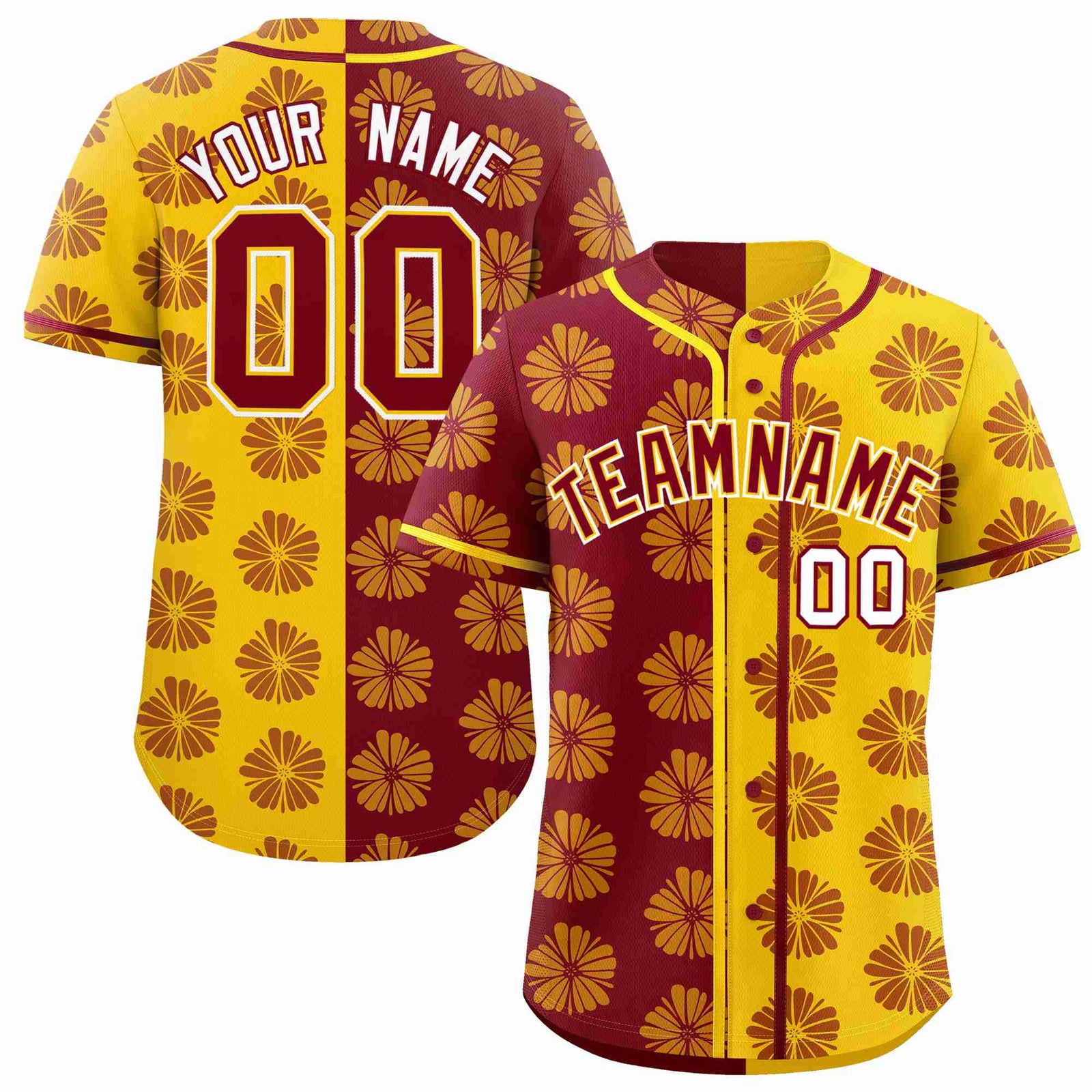 Custom Crimson Gold Split Fashion Flower Graffiti Pattern Authentic Baseball Jersey